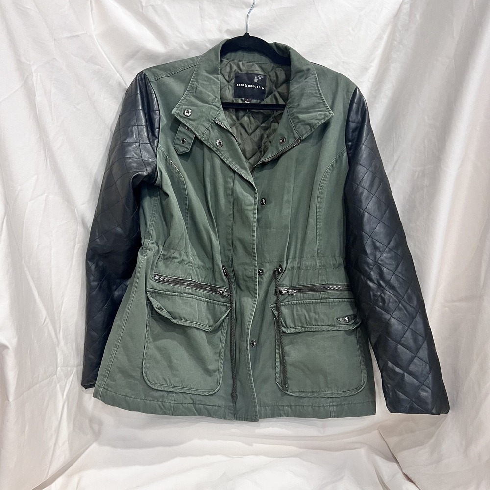 Rock & Republic Army Green and Leather Zippered Coat Size L